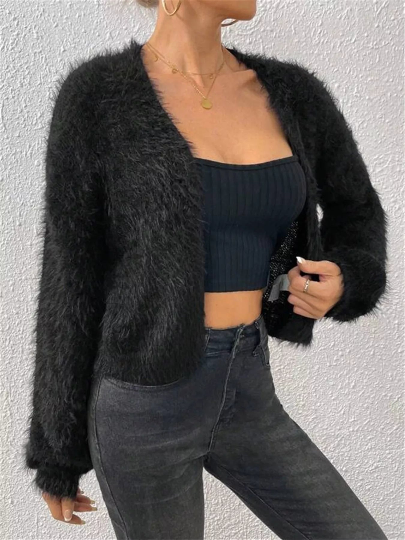 Classic Open Front Long Sleeve Cardigan Black