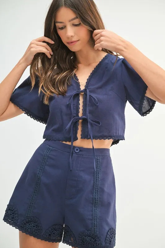 MABLE Crochet Lace Crop Top & Shorts Set - Elegant Two-Piece Outfit
