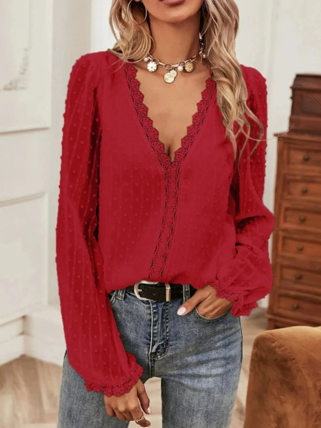 Swiss Dot Lace V-Neck Blouse - Elegant & Stylish Scarlet