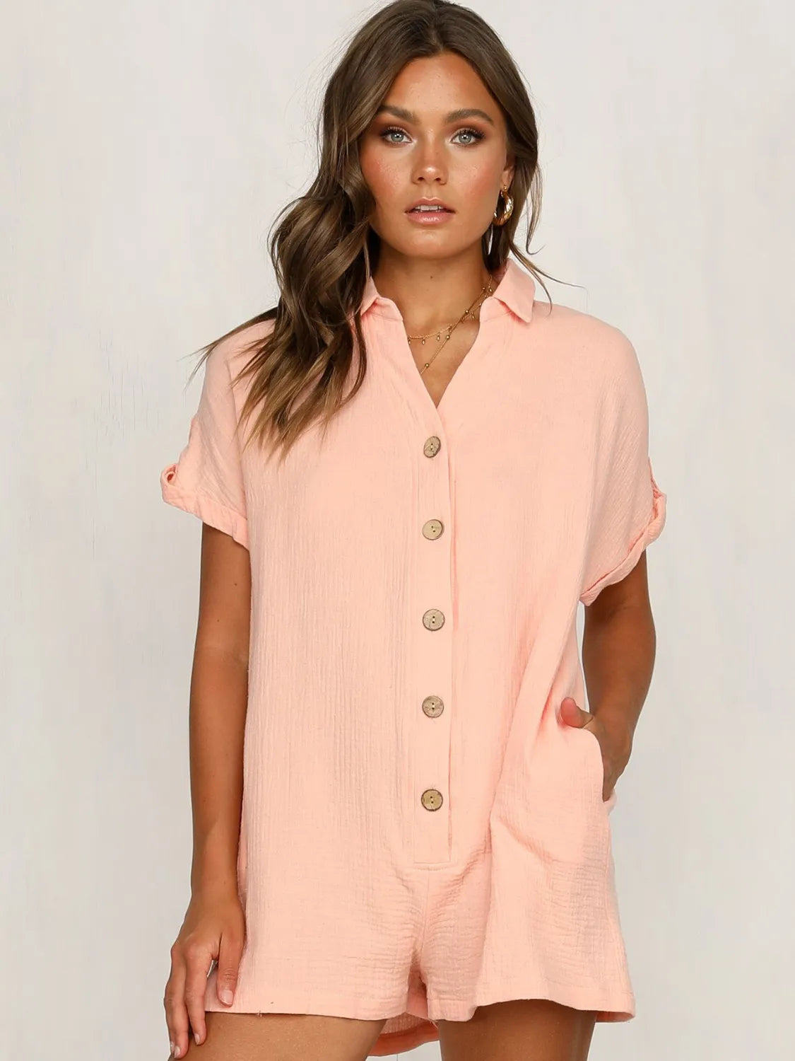 Button-Front Pocketed Short Sleeve Romper