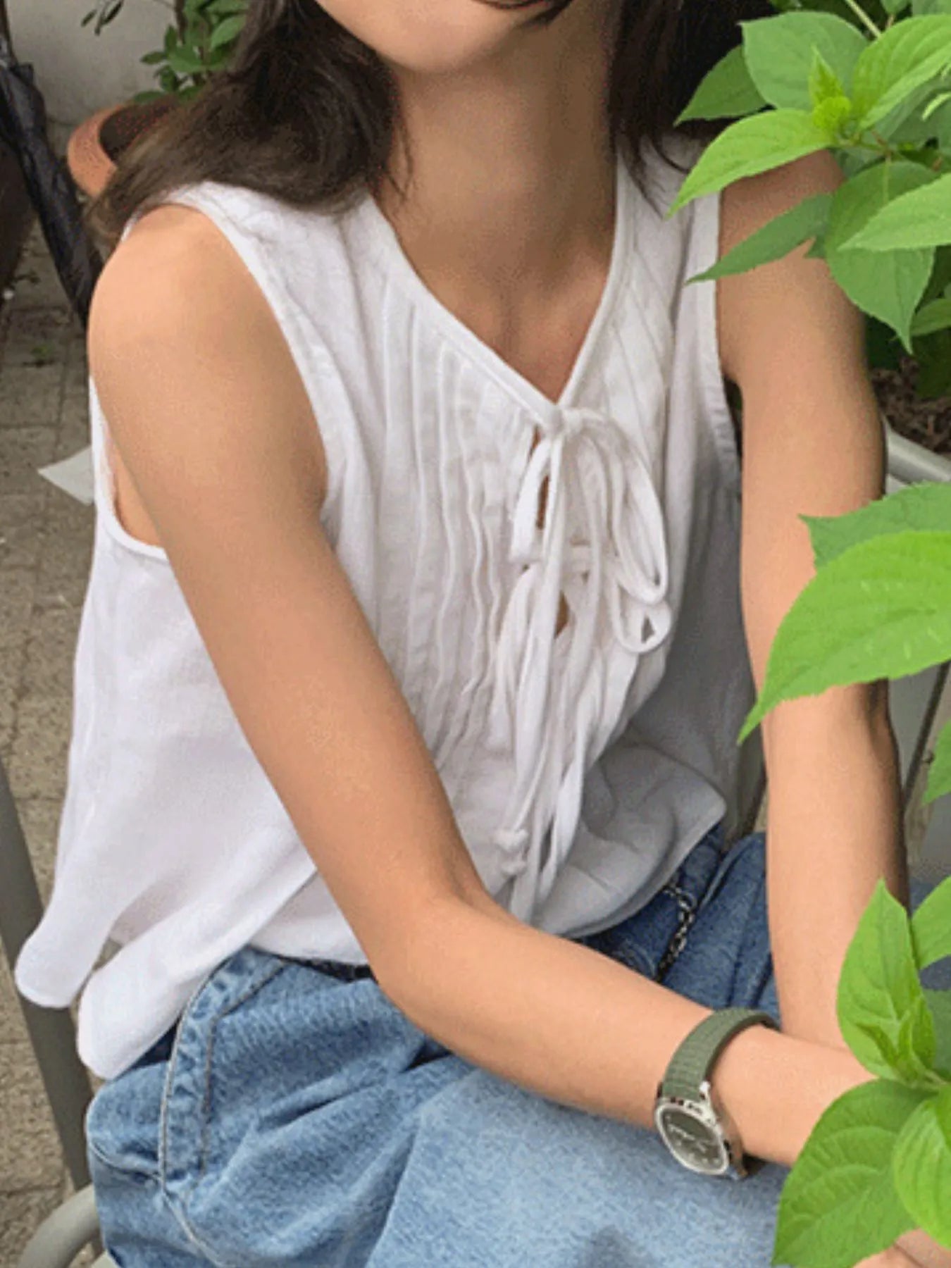 Tie-Front Sleeveless Summer Blouse – Lightweight Ruched Top