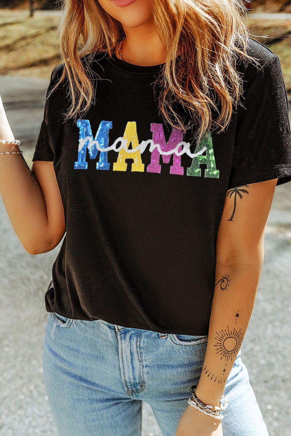 Sequin MAMA T-Shirt - Chic & Comfy Mom Life Tee Black