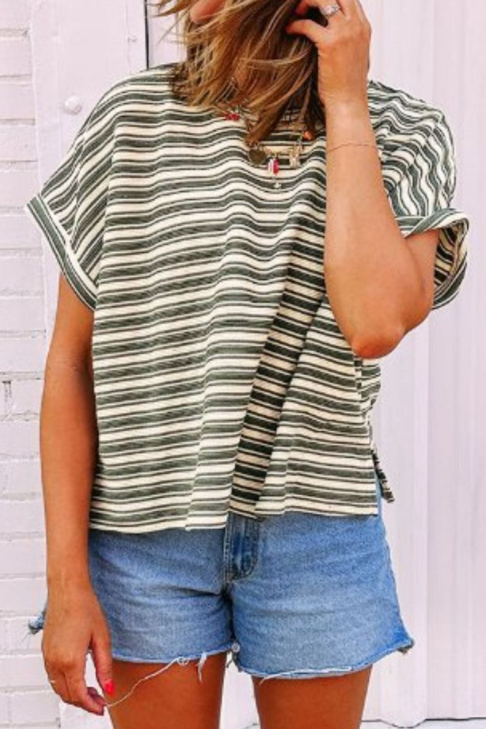 Stripe Textured Crew Neck T-Shirt with Side Slits - Relaxed Fit