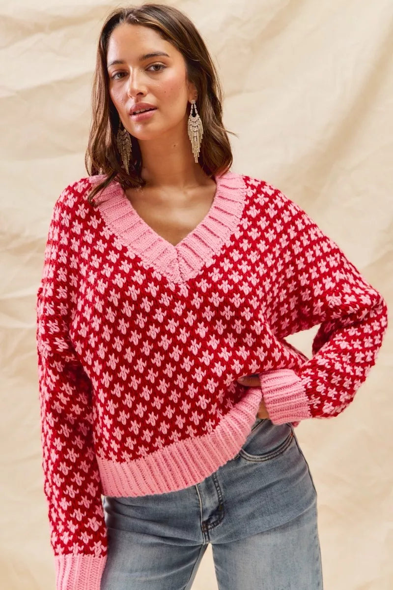 SO ME Color Block Textured V-Neck Christmas Sweater Top
