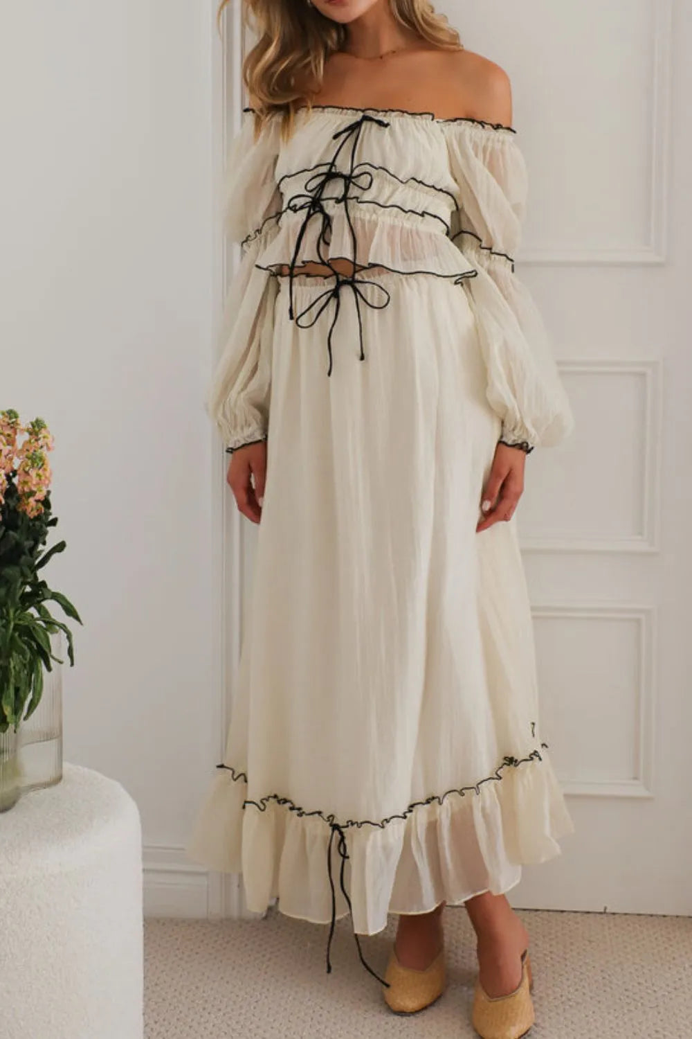 Off-Shoulder Ruffled Top and Ruched Skirt Set Cream