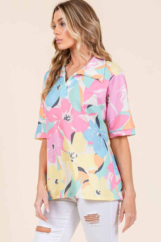 BOMBOM Floral Collared Neck Half Sleeve Top – Elegant & Versatile
