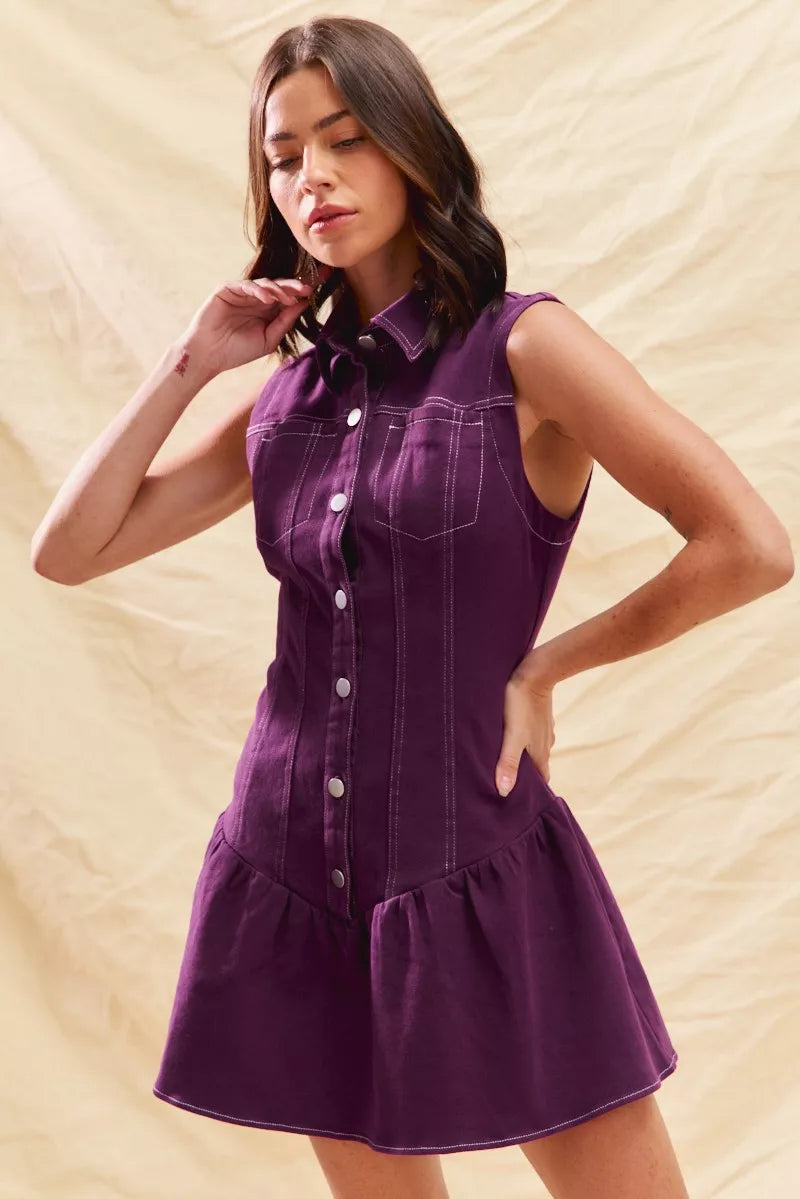 SO ME Sleeveless Collared Button-Down Mini Dress