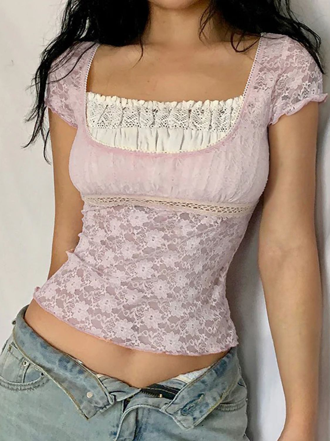 Devine Lace Square Neck Short Sleeve Top - Elegant & Feminine