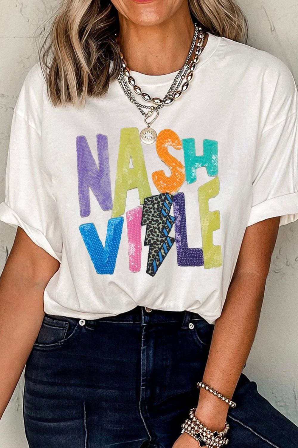 Lightning NASHVILLE Sequin Round Neck T-Shirt