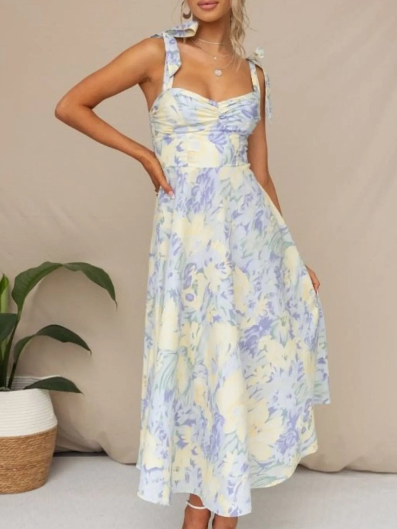 Floral Tie-Strap Sweetheart Neck Midi Dress – Elegant Summer Sleeveless Dress Light Blue