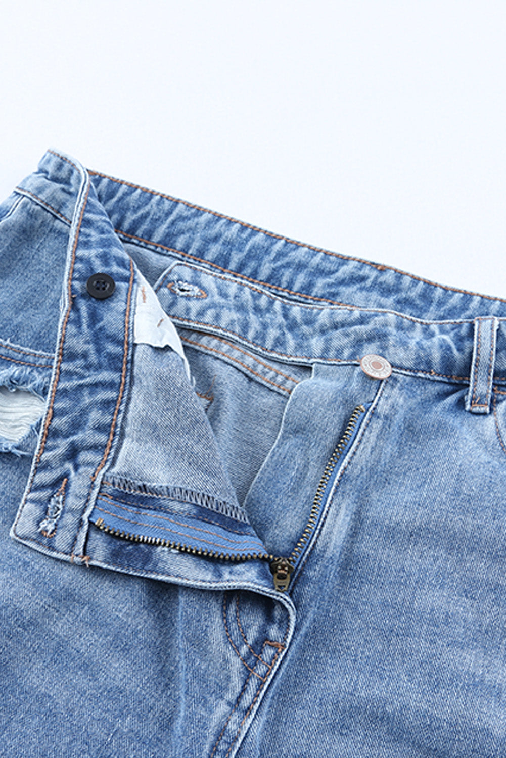 High-Rise Crossover Waist Denim Shorts - Distressed & Stylish