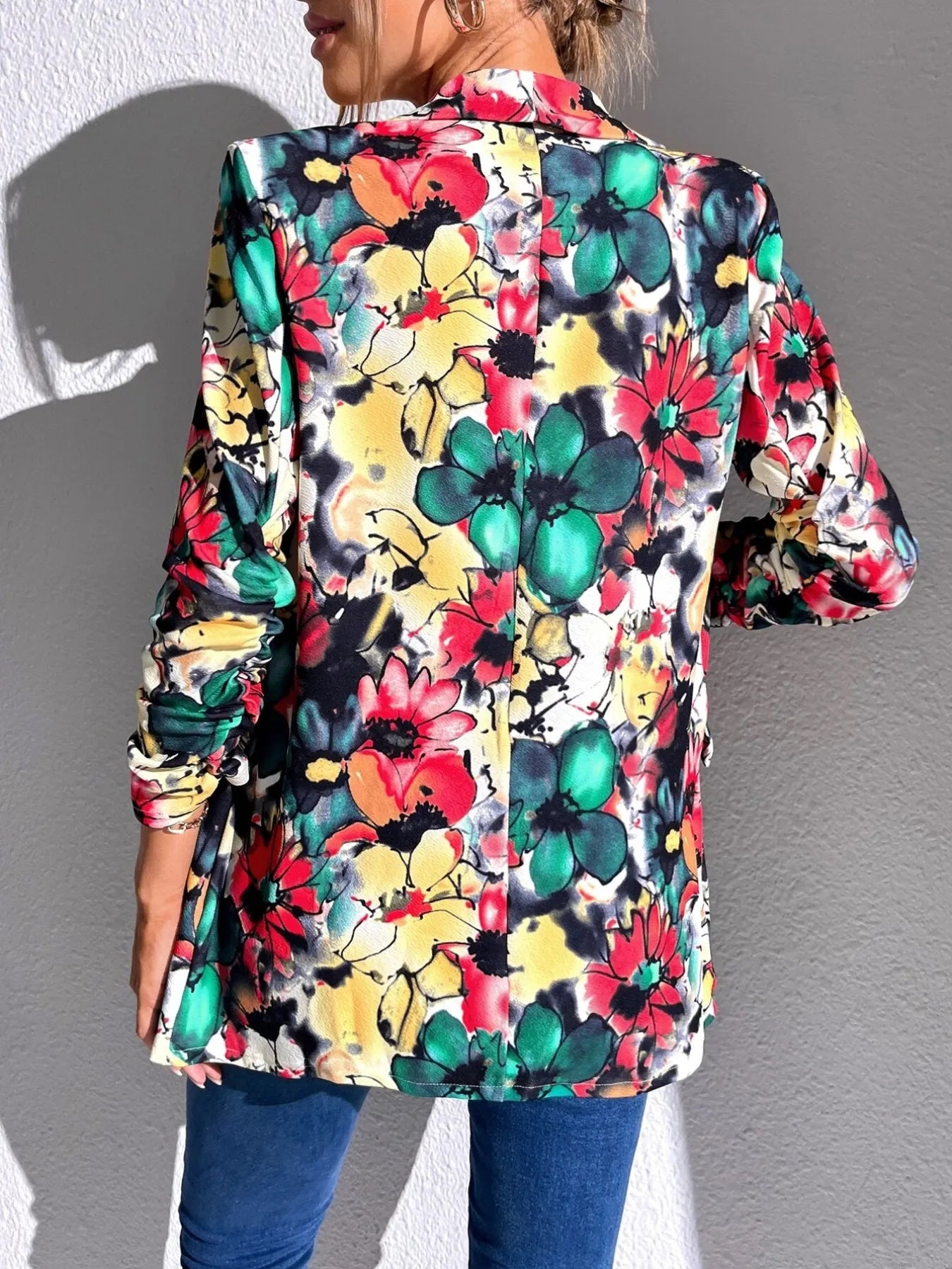 Vibrant Floral Open Front Blazer – Lightweight & Chic
