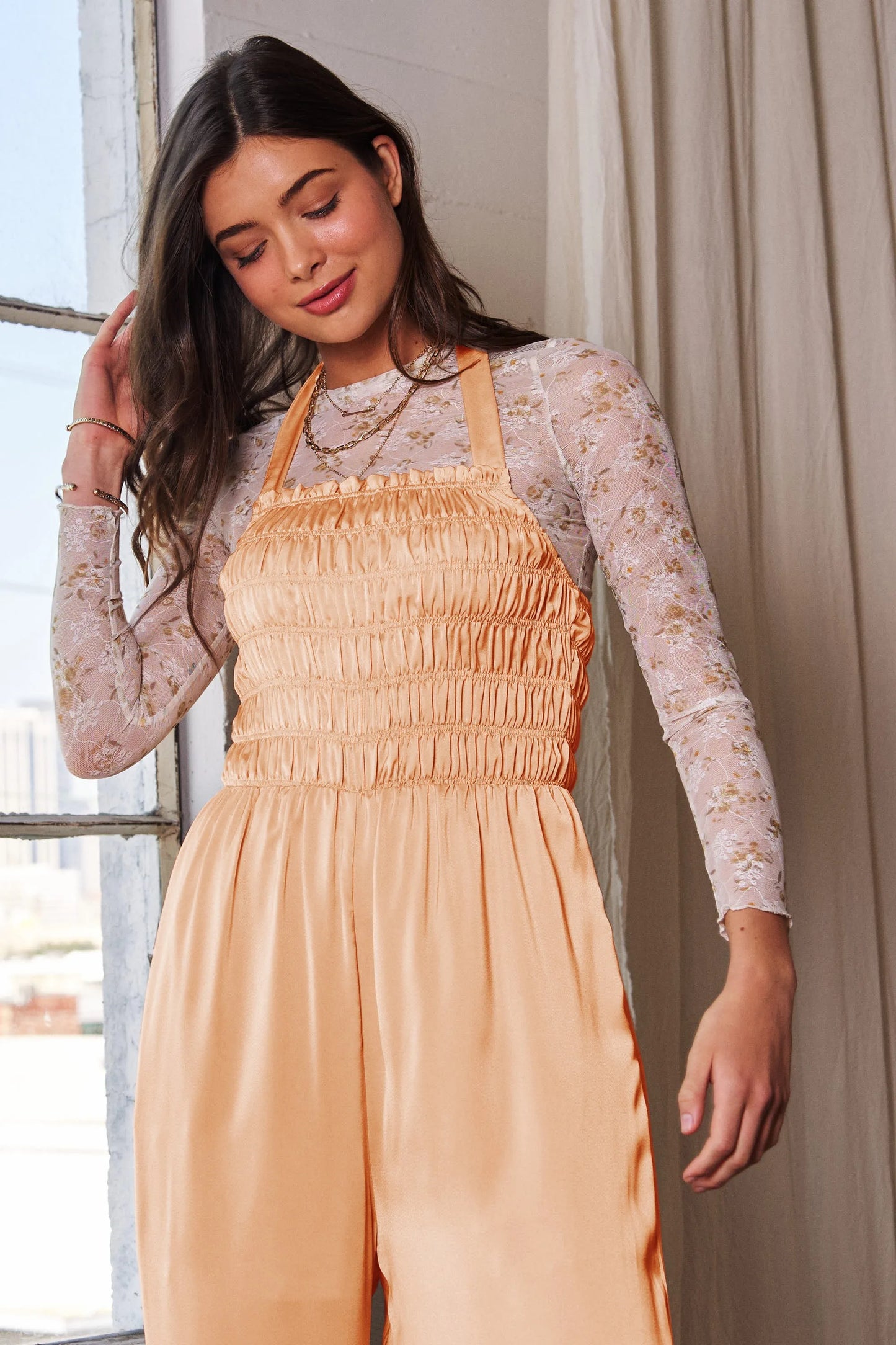 Davi & Dani Halterneck Tie Closure Smocked Bodice Jumpsuit