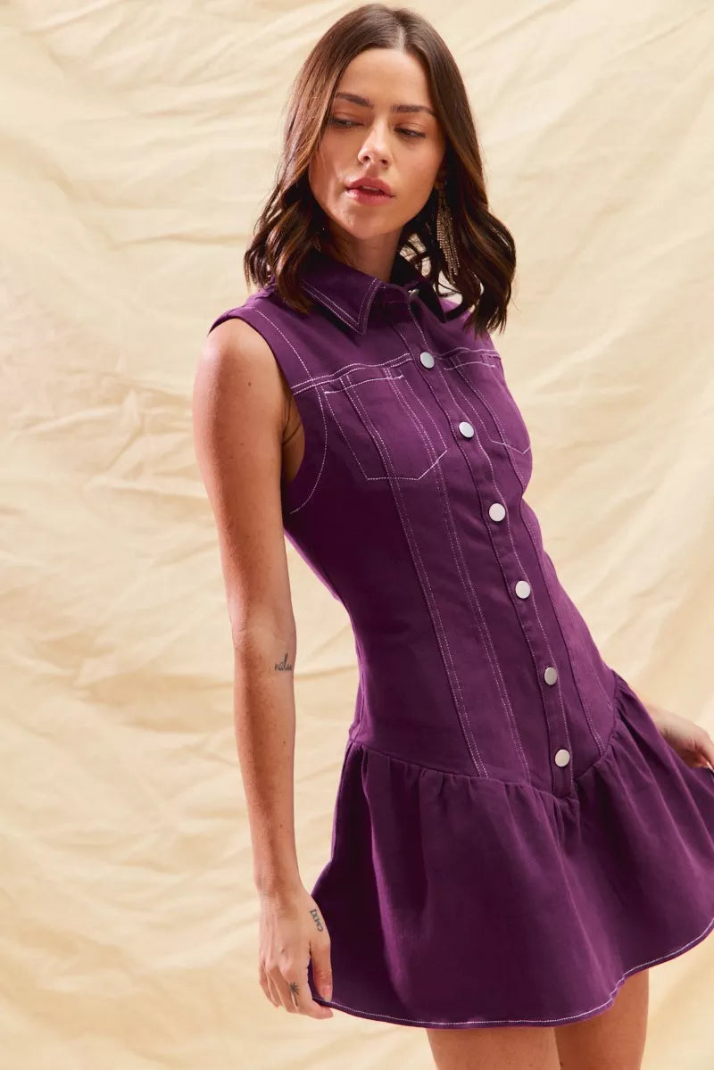 SO ME Sleeveless Collared Button-Down Mini Dress