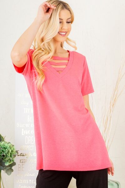 Heimish Full Size V-Neck Short Sleeve T-Shirt with Bar Detail