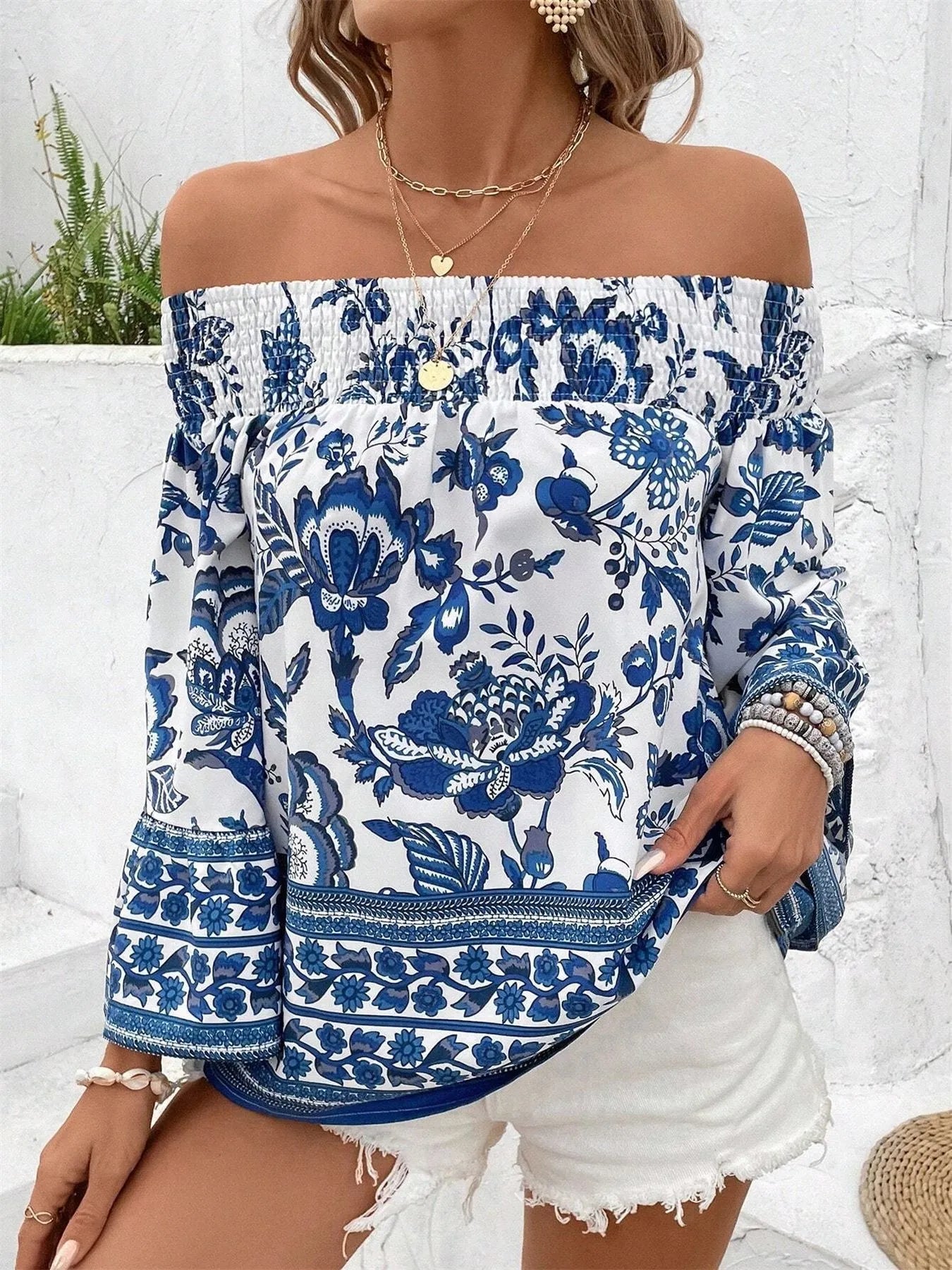 Off-Shoulder Floral Print Blouse