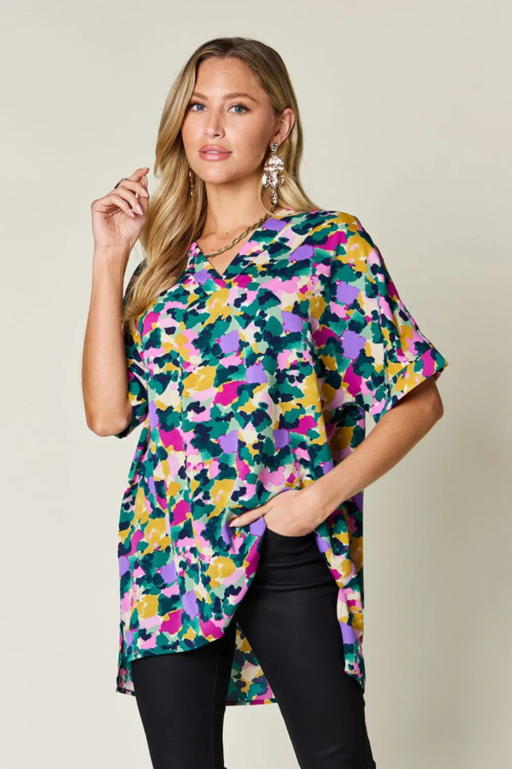 Double Take Plus Size Printed V-Neck Slit Top – Flowy & Chic Multicolor