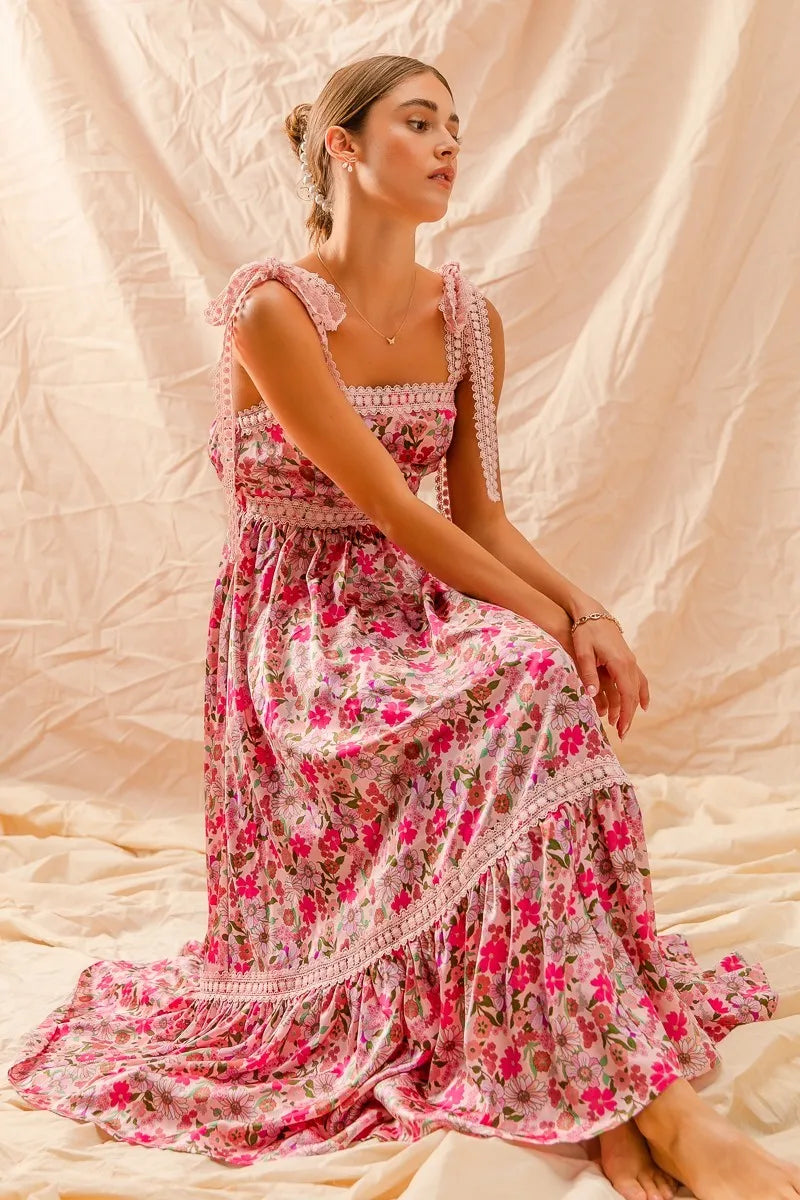 SO ME Floral Maxi Dress with Ribbon Tie Lace Strap – Boho Summer Tiered Dress