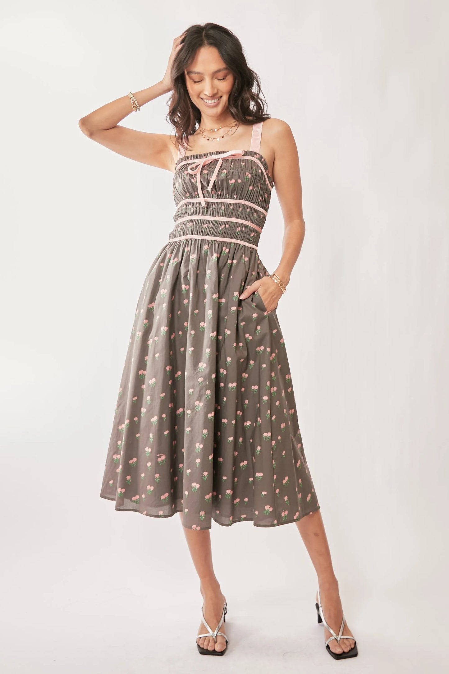 Davi & Dani Contrast Velvet Tape Smocking Bodice Midi Dress Mocha