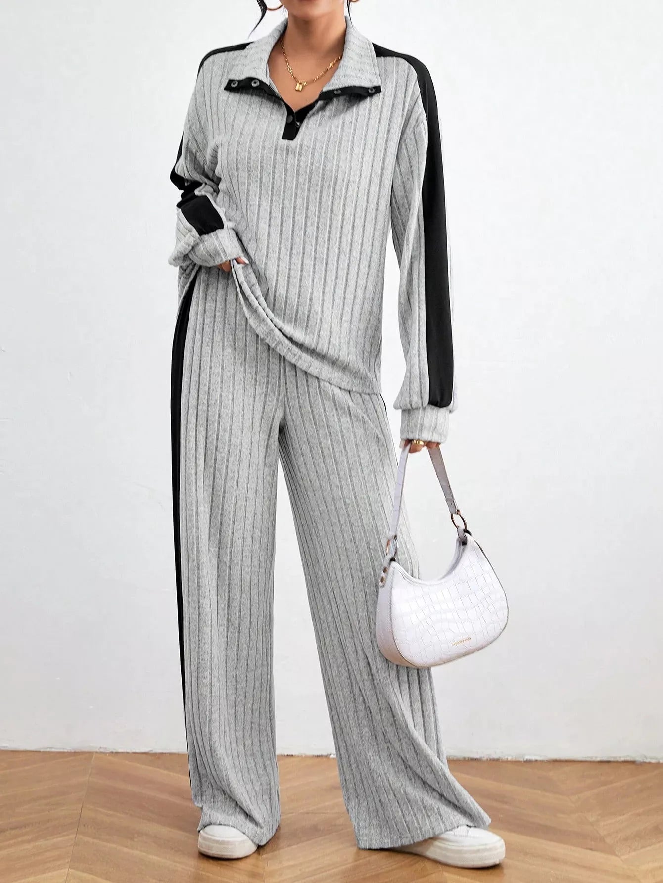 Ribbed Contrast Dropped Shoulder Top & Pants Co-ord Set