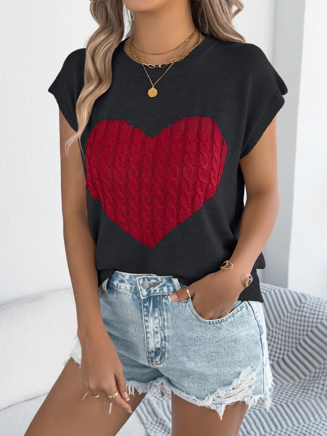 Cable Knit Heart Cap Sleeve Top - Soft & Stylish