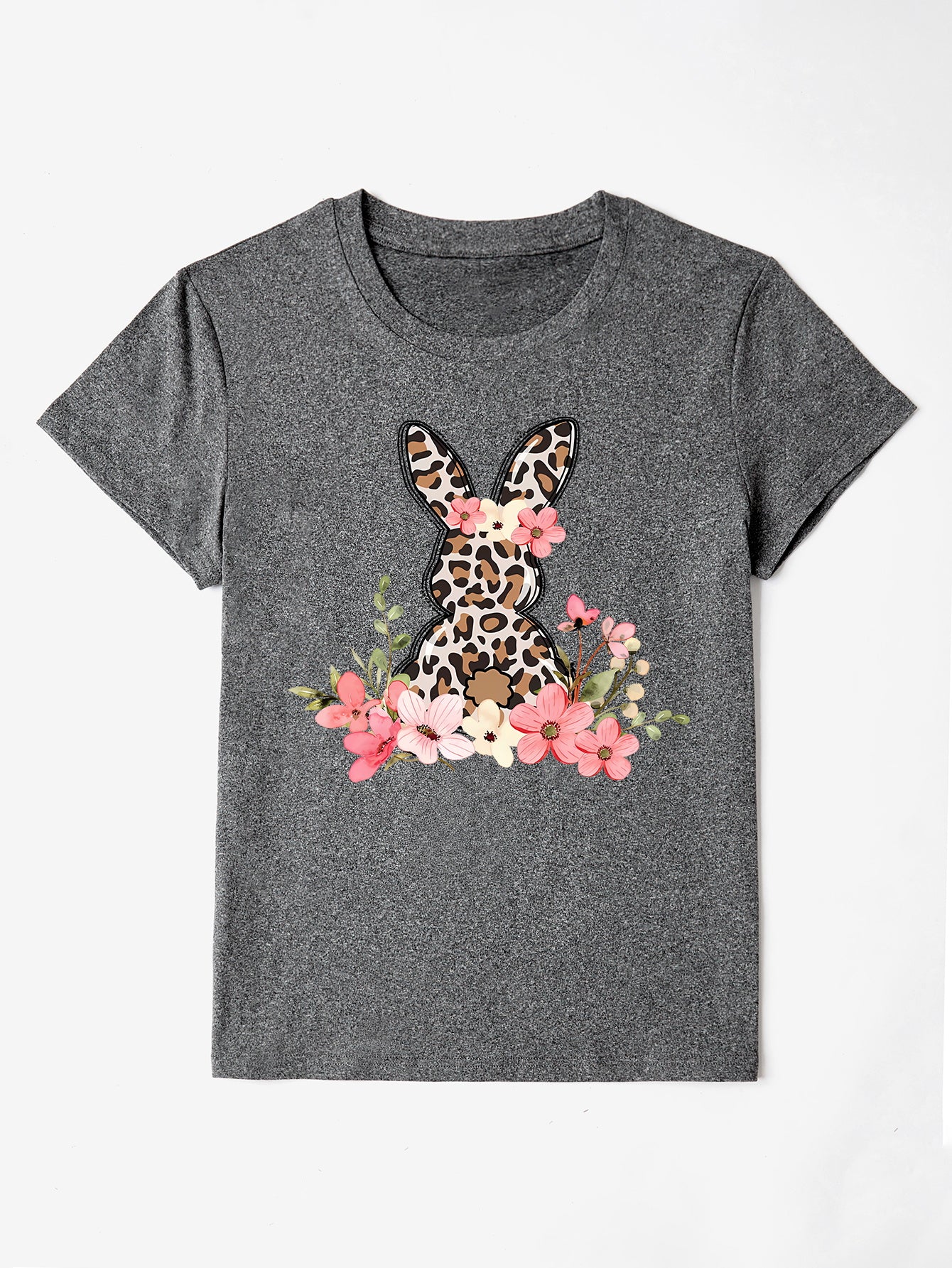 Rabbit Round Neck T-Shirt - Cute & Casual Print Tee Dark Gray