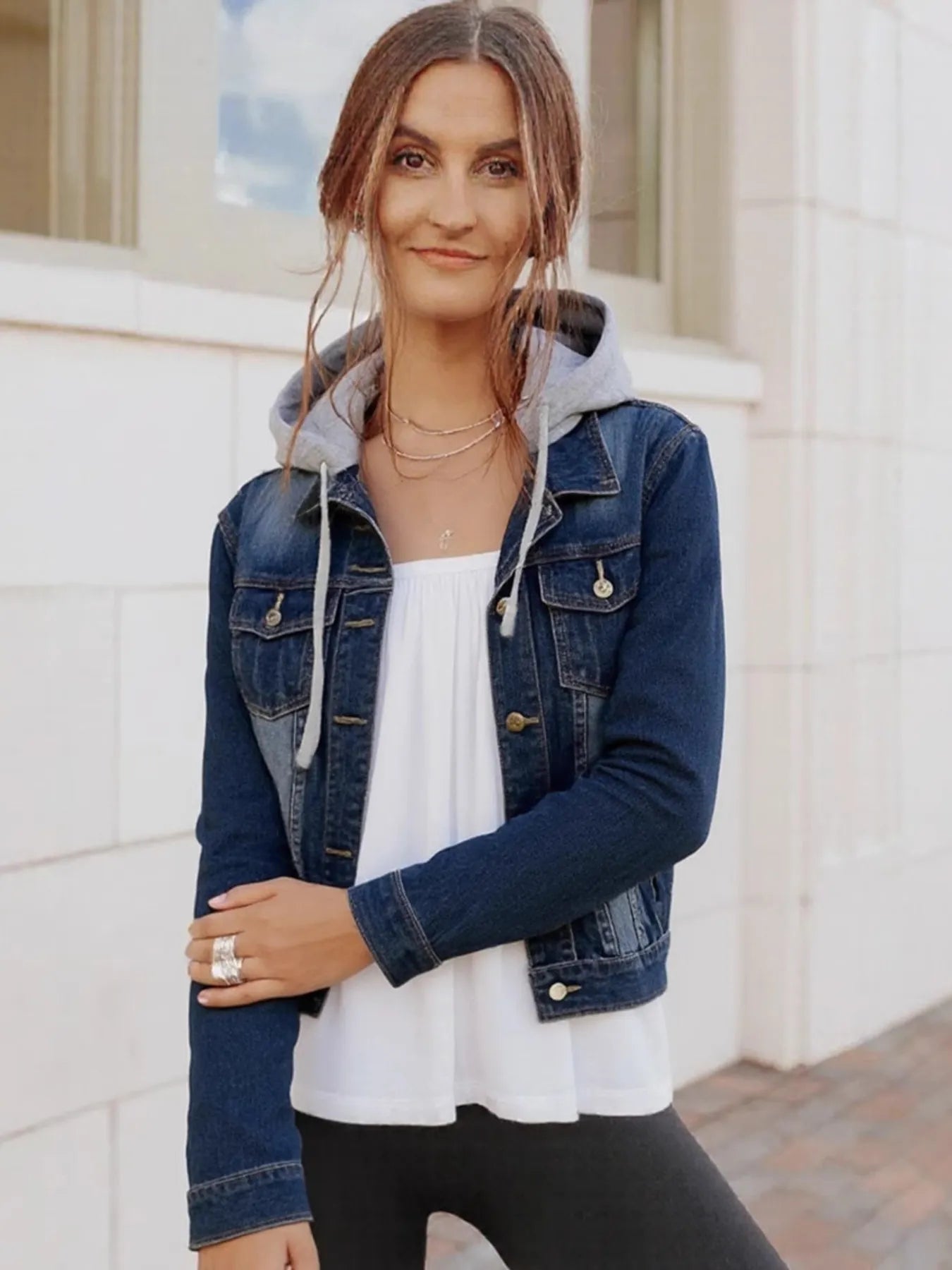 Plus Size Hooded Drawstring Denim Jacket with Button-Up Front