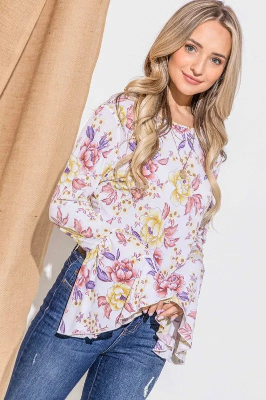 And The Why Floral Bell Sleeve Boho Top