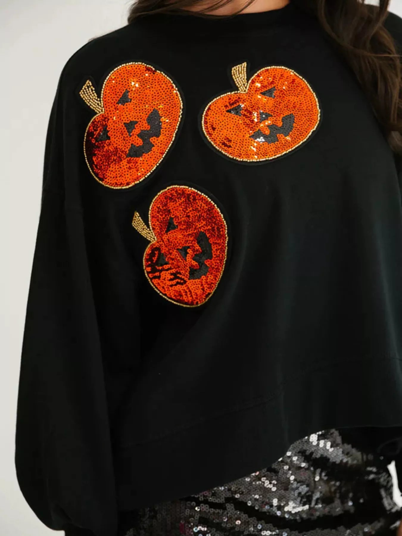 Sequin Halloween Pumpkin Round Neck Sweatshirt