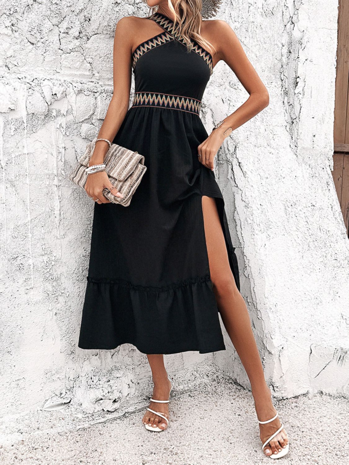 Devine Ruffled Slit Sleeveless Midi Dress - Elegant & Chic