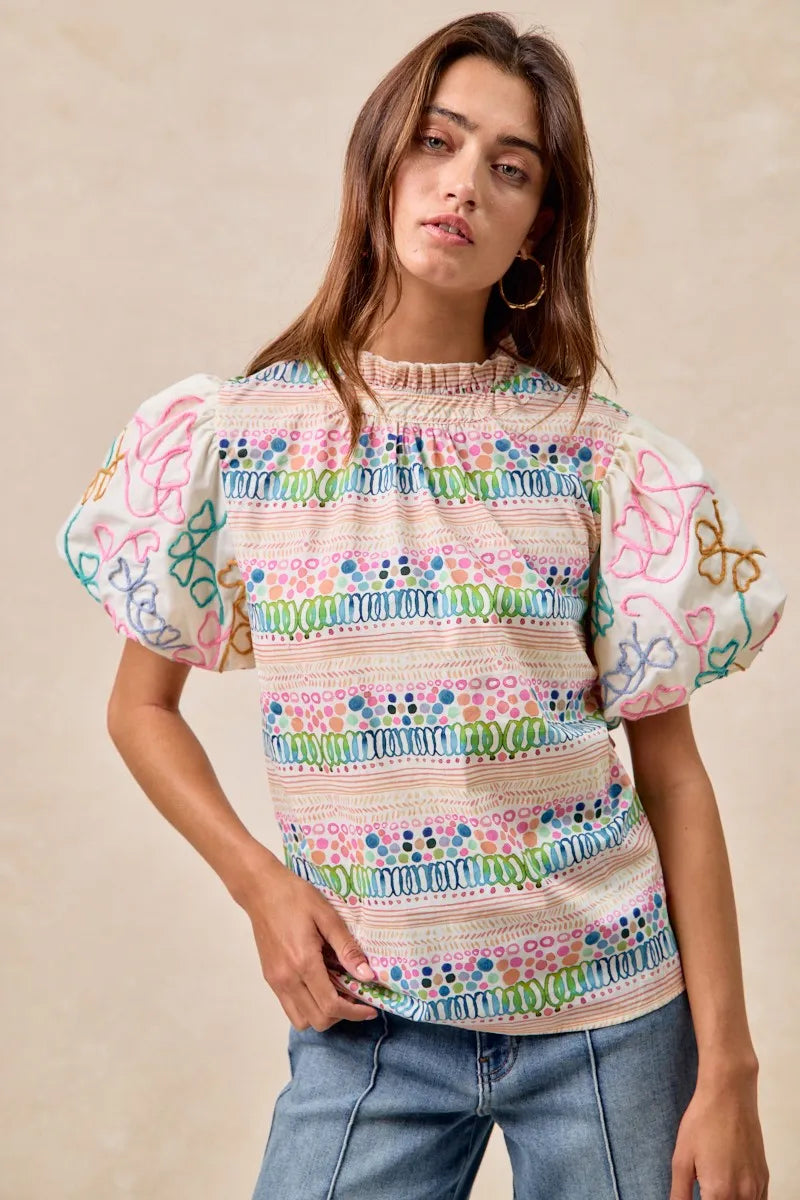 BiBi Ruffle Neckline Blouse With Embroidery Bubble Sleeve