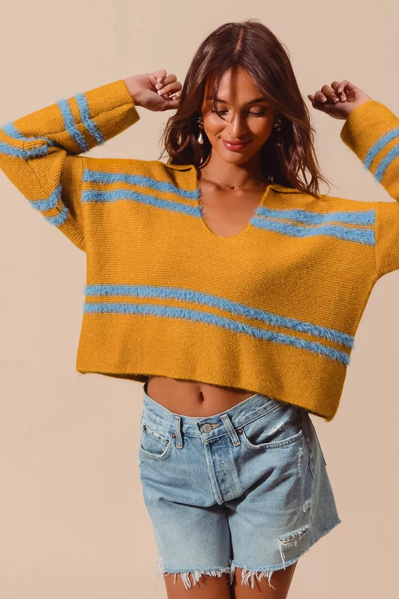 SO ME Fuzzy Striped Deep U-Neck Sweater – Oversized Cozy Top