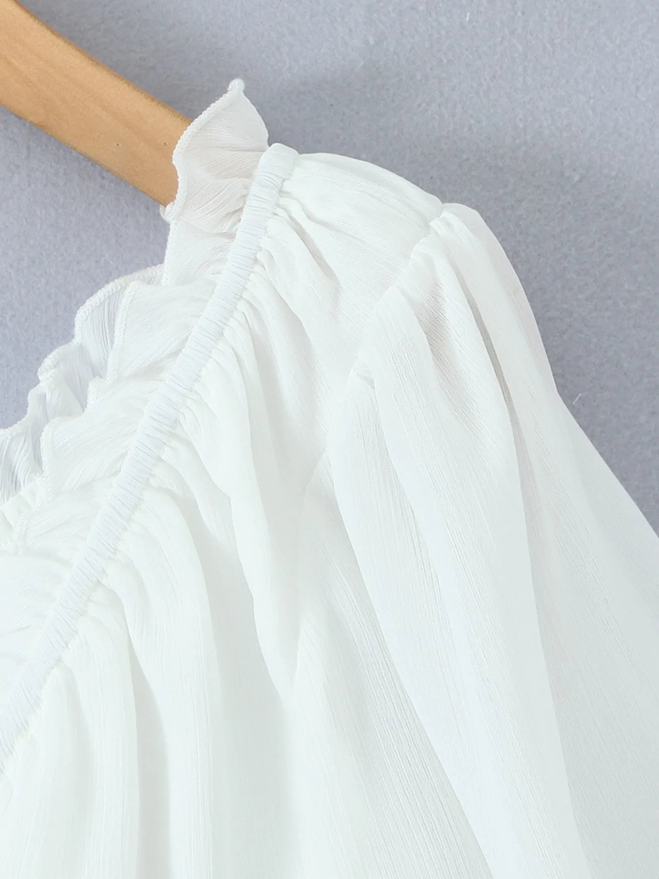 FlairBelle Frill V-Neck Mesh Puff Sleeve Blouse