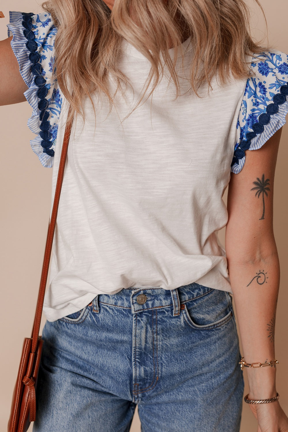 Round Neck Printed Ruffled Cap Sleeve Blouse - Chic & Feminine