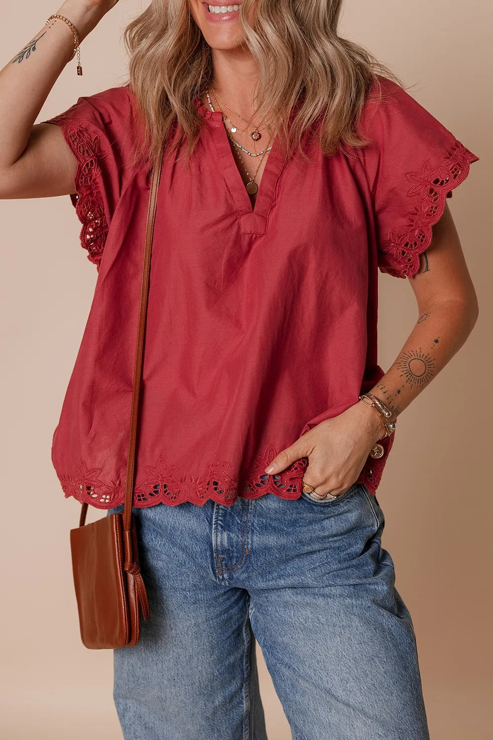 Floral Embroidered Scallop Trim Cotton Blouse