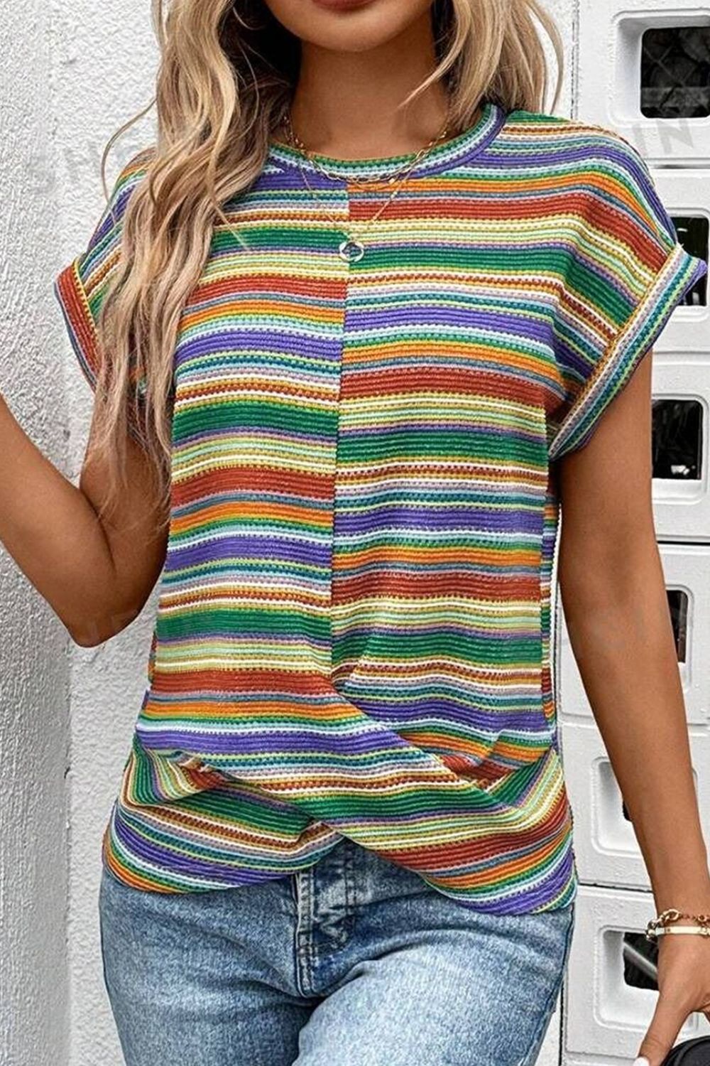 Multicolour Striped Twist Hem Cap Sleeve Top - Chic & Trendy Multicolor
