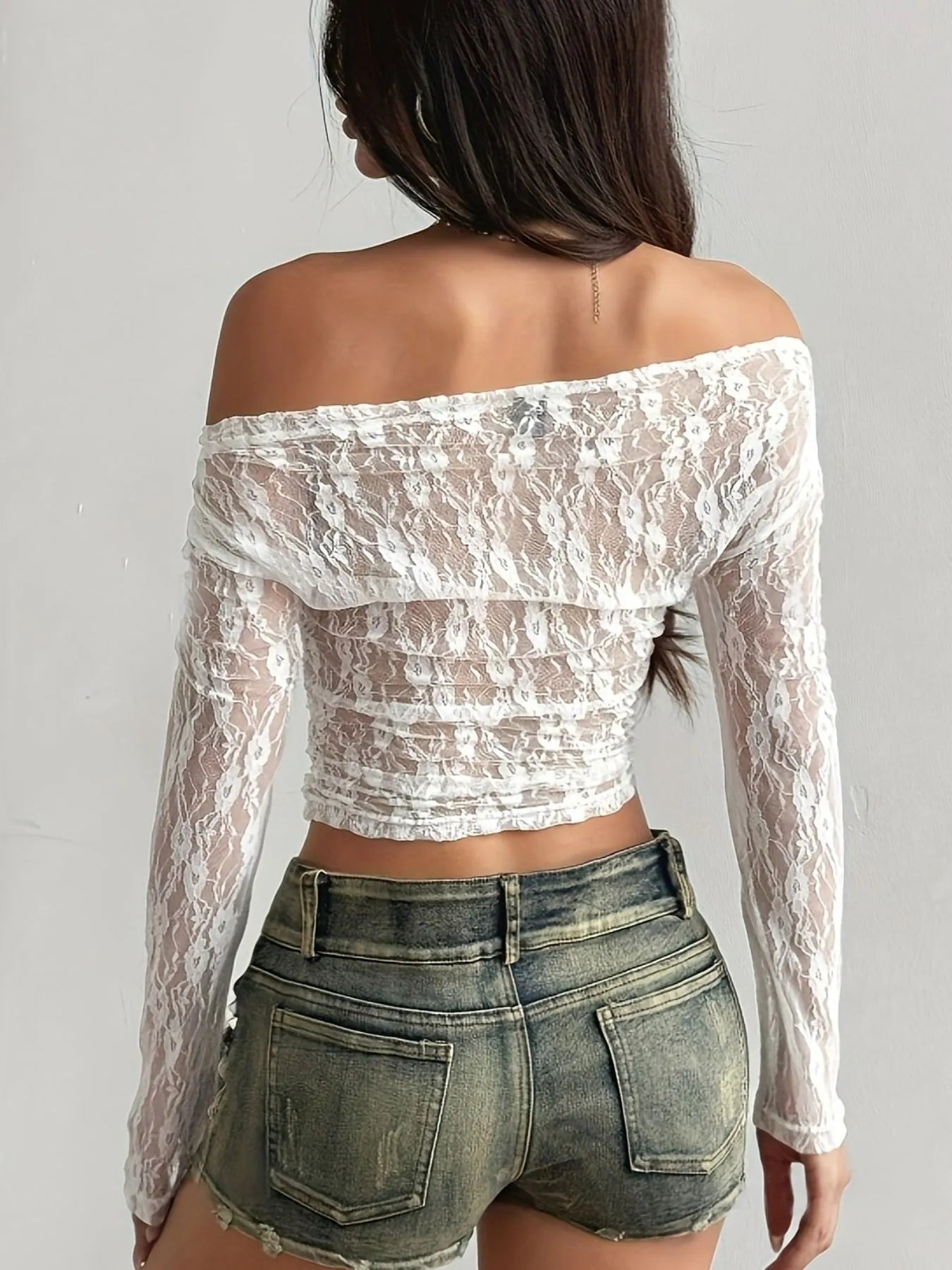 LunaLace Off-Shoulder Sheer Long Sleeve Lace Top