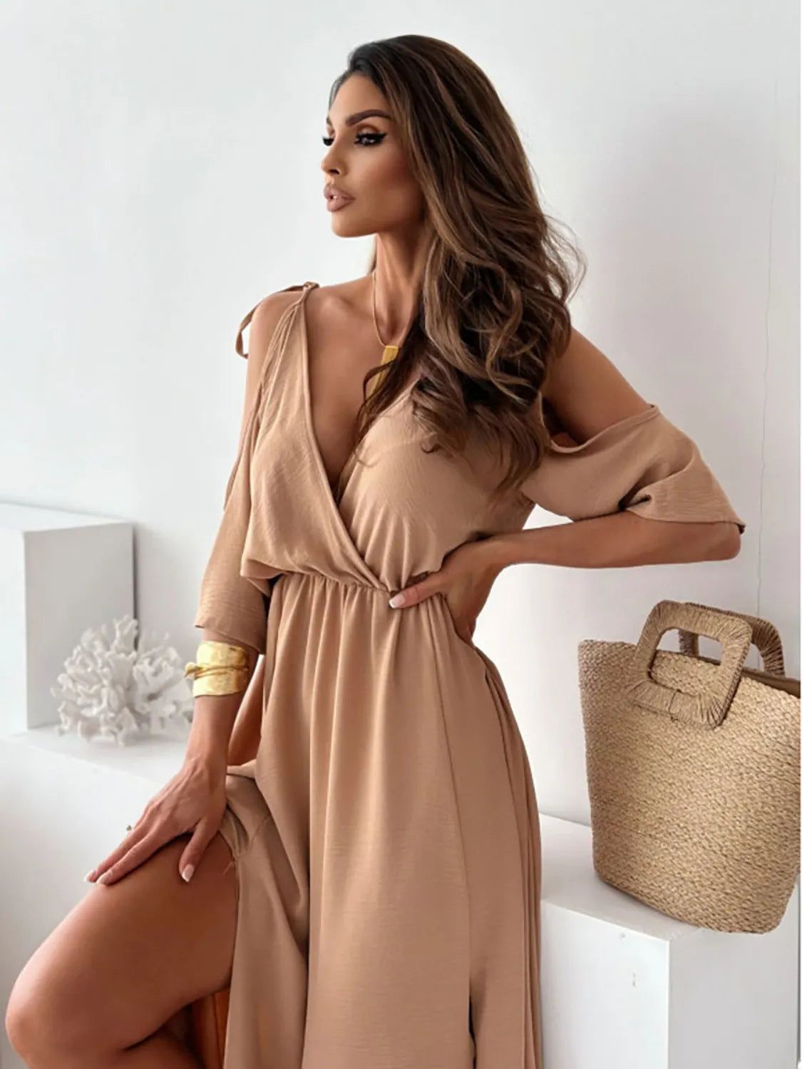 Tied Shoulder Slit Maxi Dress – Flowy & Feminine Camel