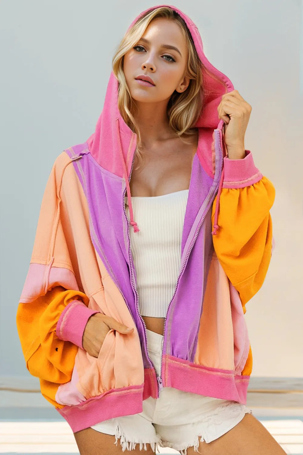 Double Take Full Size Color Block Zip-Up Hoodie with Pockets Heliotrope Purple