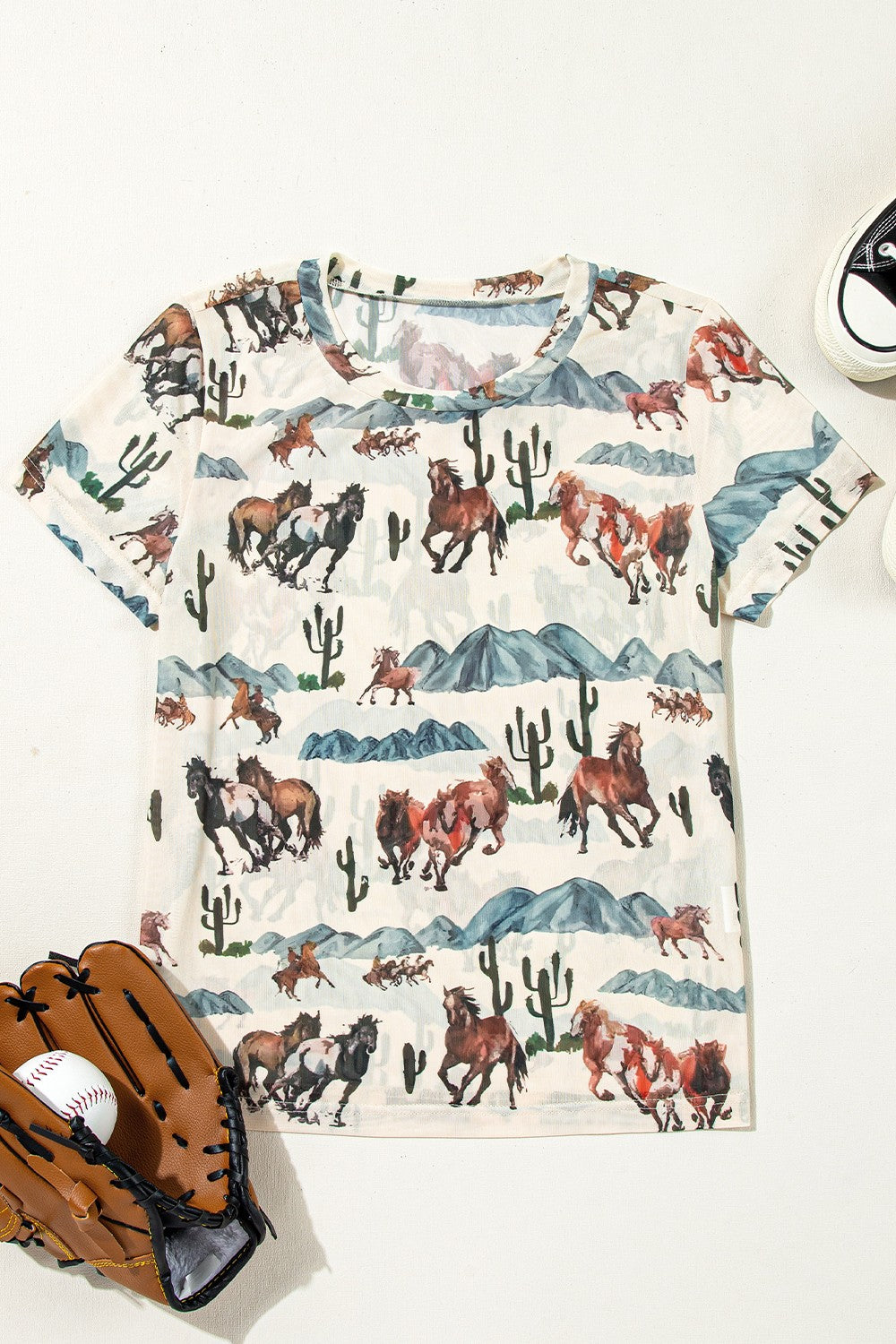 Western Mustang River Printed Mesh T-Shirt - Stylish & Trendy