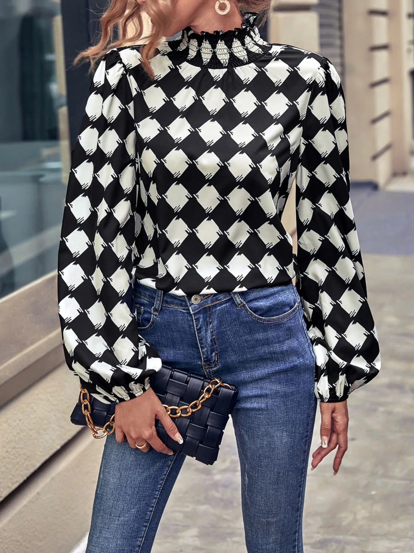 Checkered Pattern Balloon Sleeve Blouse – Cotton Blend Casual Chic Top