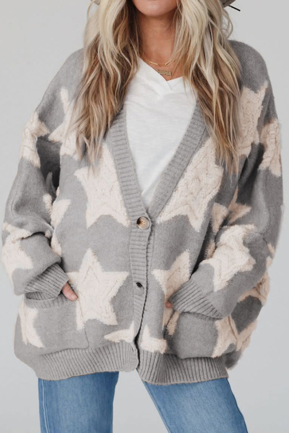 Star Button Up Long Sleeve Cardigan Grey
