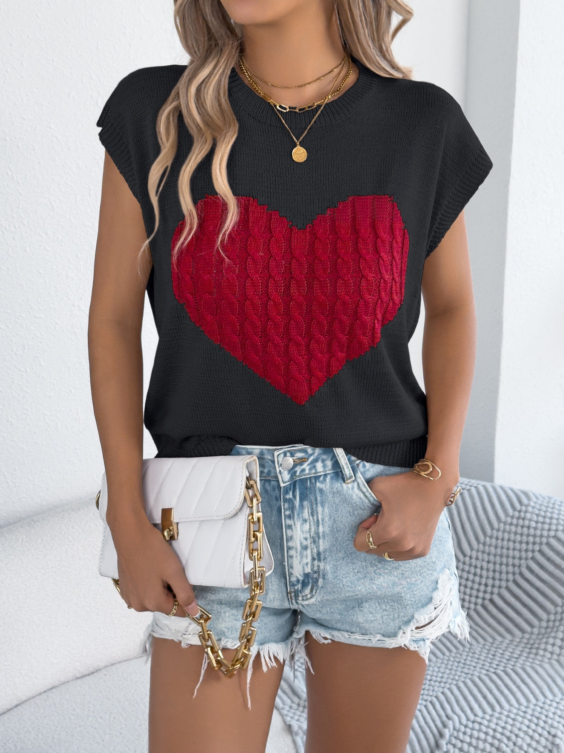 Cable Knit Heart Cap Sleeve Top - Soft & Stylish