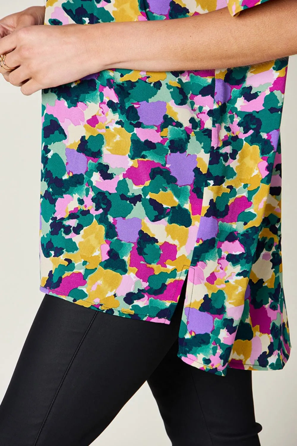 Double Take Plus Size Printed V-Neck Slit Top – Flowy & Chic