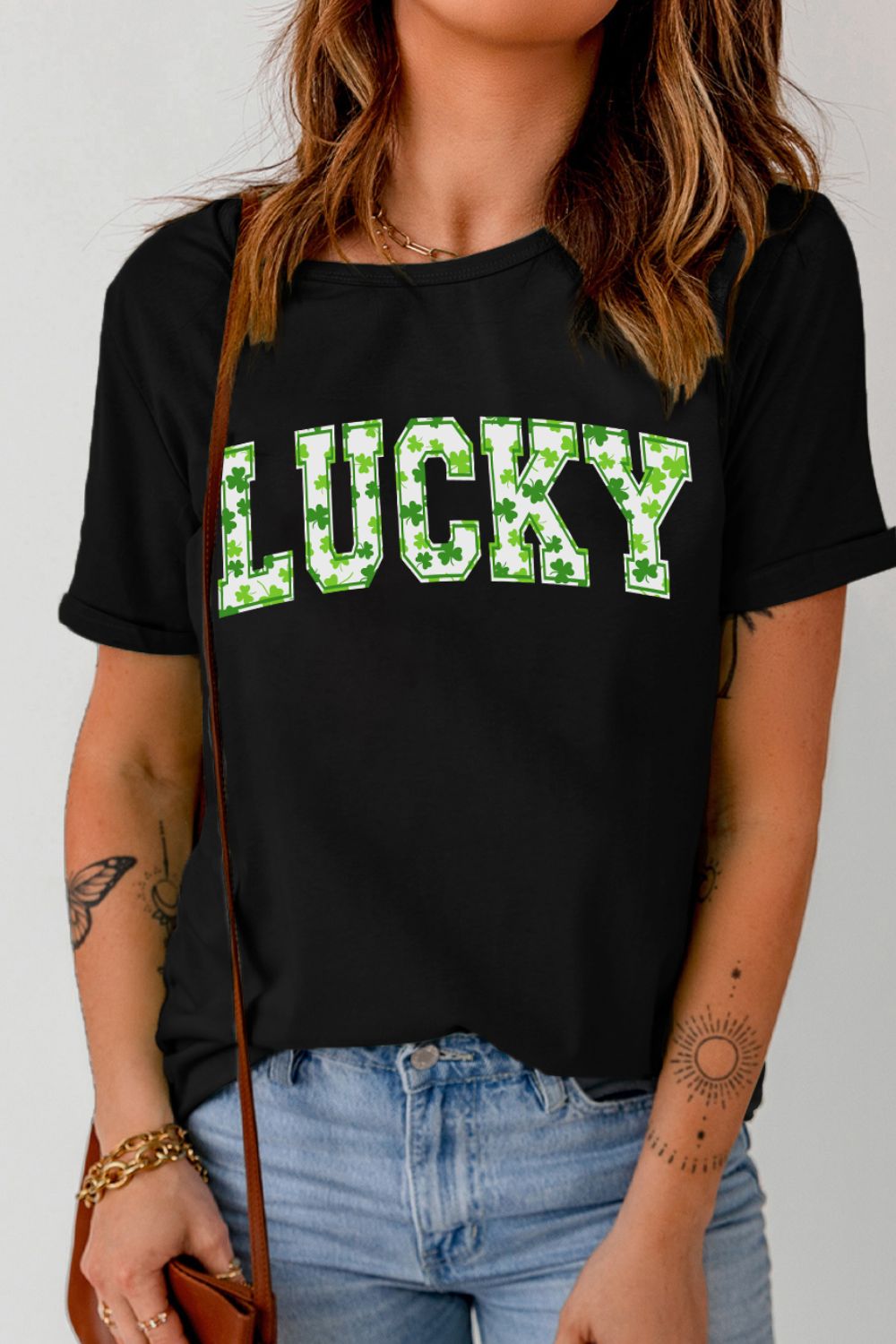 LUCKY Letter Clover Short Sleeve T-Shirt Black