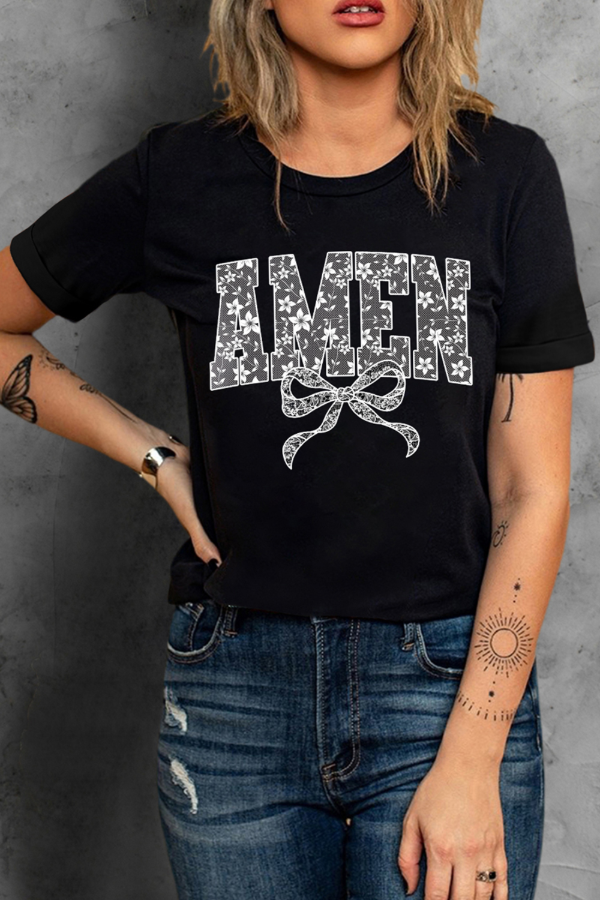 AMEN Bow Round Neck Short Sleeve T-Shirt - Casual & Stylish