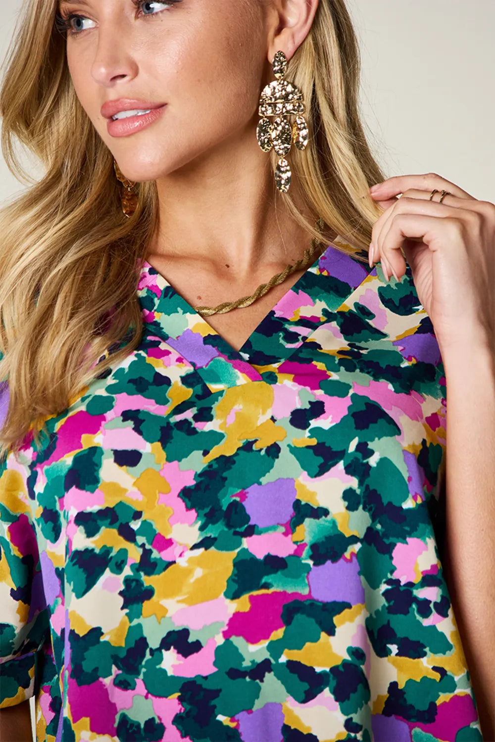 Double Take Plus Size Printed V-Neck Slit Top – Flowy & Chic