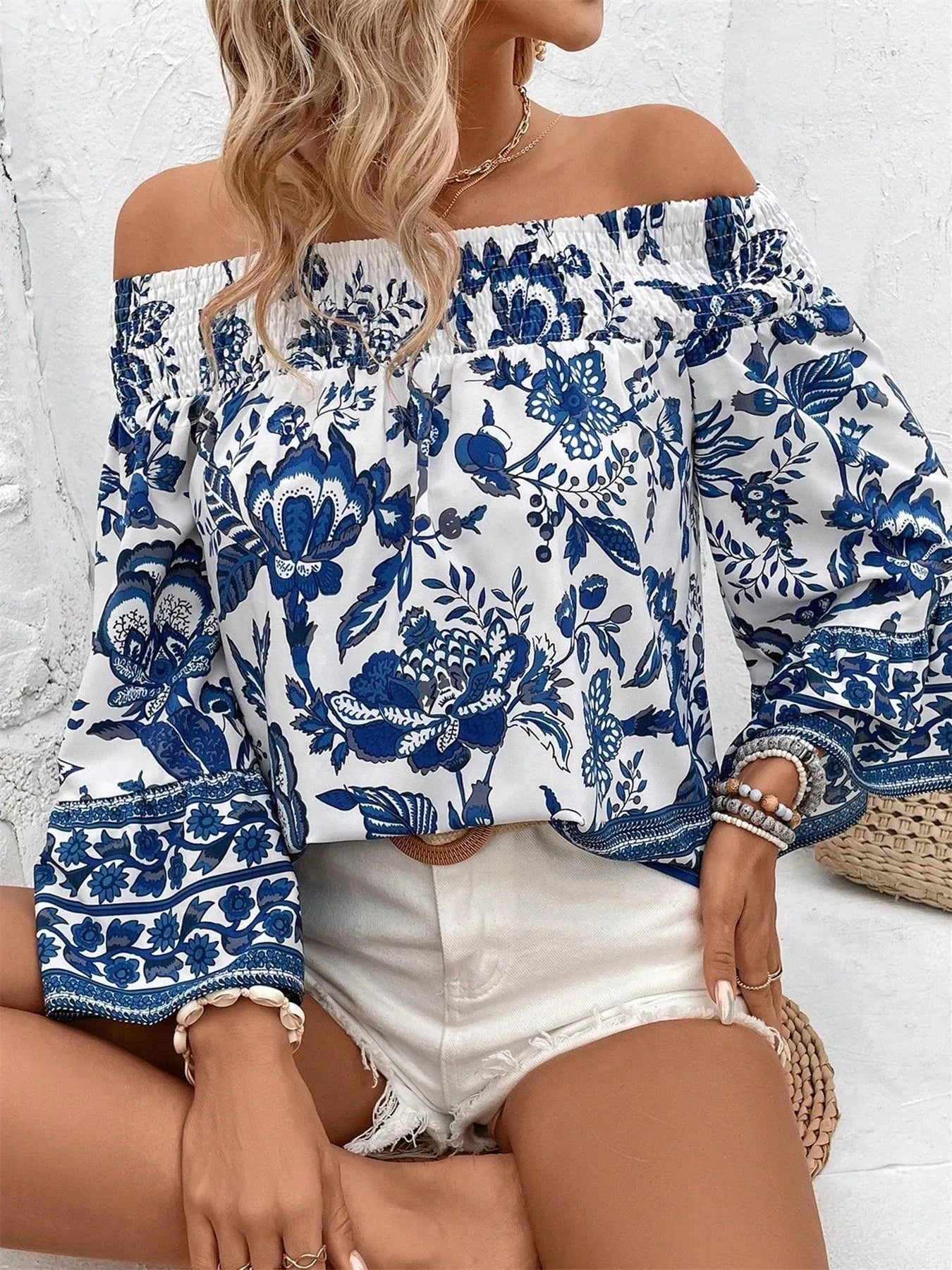 Off-Shoulder Floral Print Blouse Blue