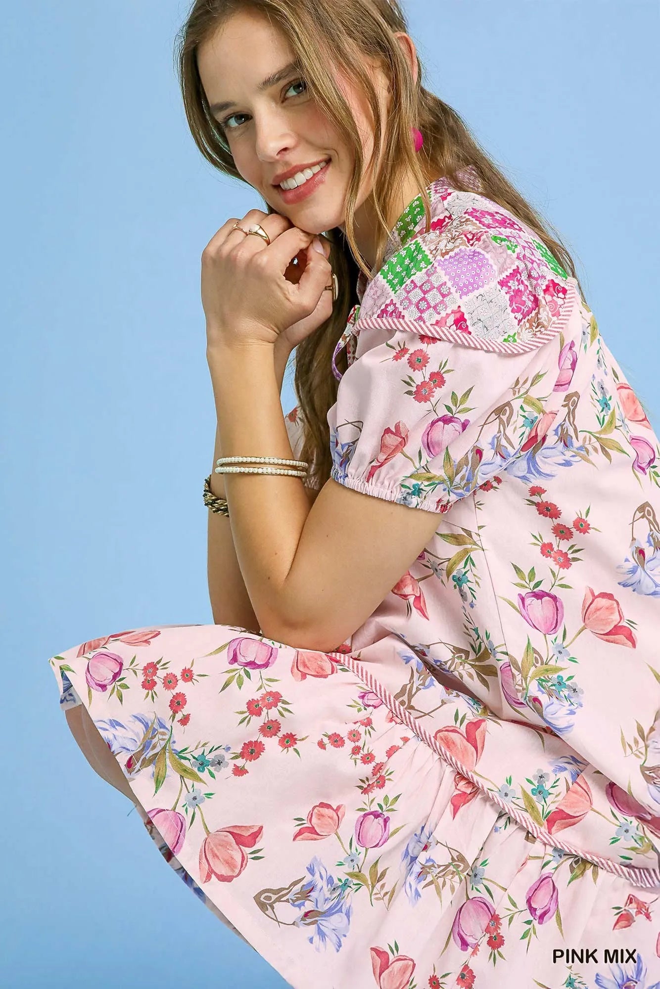 Umgee Floral Print Tie Neck Puff Sleeve Dress