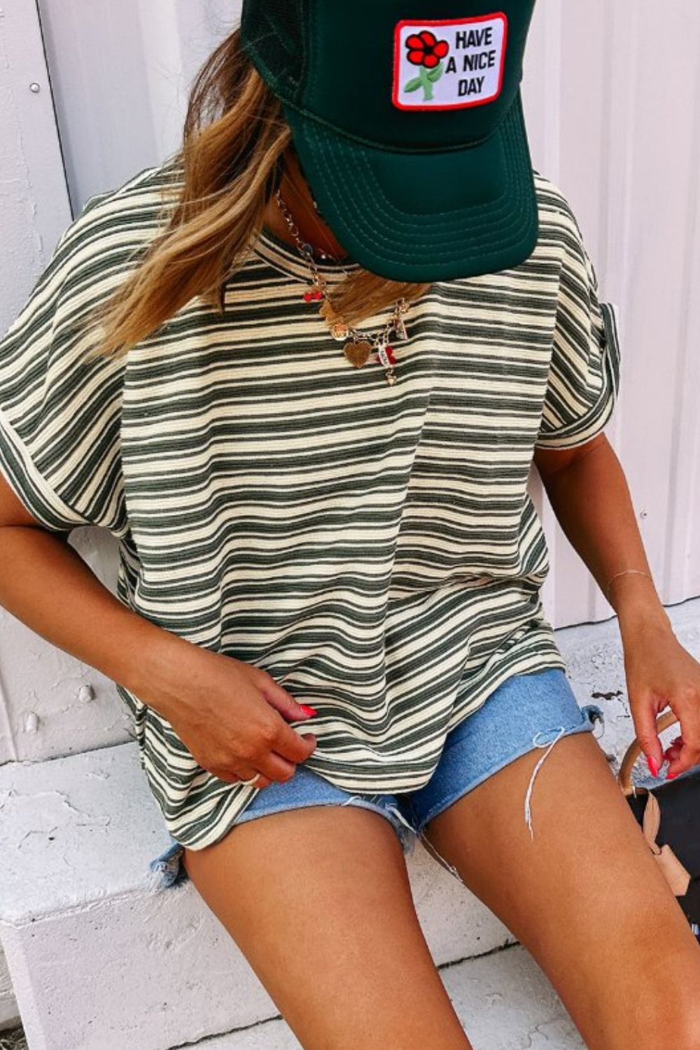 Stripe Textured Crew Neck T-Shirt with Side Slits - Relaxed Fit